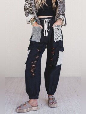 Pol Distressed Crochet Patchwork And Mesh Pockets Jogger Pants, Black/Cream Sz S